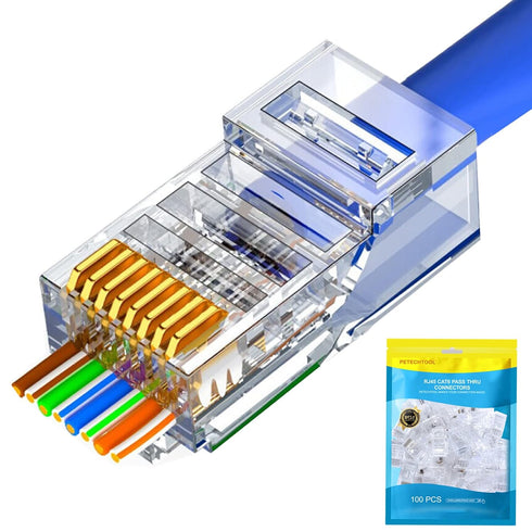 PETECHTOOL RJ45 Cat6 Cat5 Connectors Ends Gold Plated 8P8C Ethernet Pass Through Plug (100Pack)......