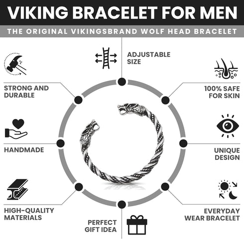 VikingsBrand Viking Bracelet | Adjustable Men's Bracelet 7-10 inches | Pagan Norse God Odin Arm Rings | Wolf Head Metal Wristband...