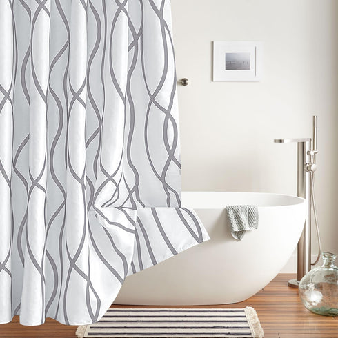 Biscaynebay Extra Long Textured Fabric Shower Curtain 72 W x 84 L, Silver Grey Striped Printed Linen Modern Hotel Luxury Quality Cloth Bathroom Cu...