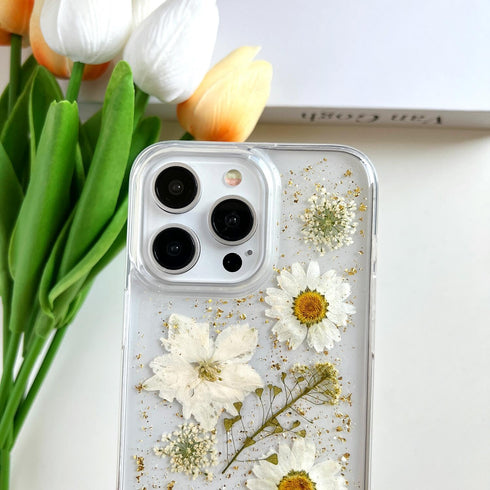 for iPhone 15 Pro Max Clear Case with Pressed Real Flowers Design,Glitter Cute White Floral Pattern Slim Soft TPU Protective Women Girl's Phone Co...