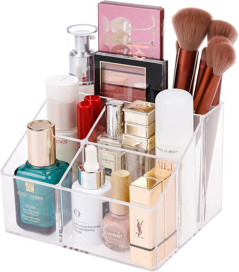 Yesesion Clear Makeup Organizer with 5 Compartments, Plastic Bathroom Counter Storage for Skincare, Toothbrush, Cosmetics Brushes, Palette, Lipsti...