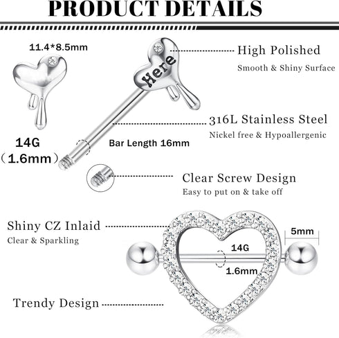 8 Pairs 14G Nipple Rings for Women Stainless Steel CZ Striaght Barbell Tongue Ring Nipple ring Set Butterfly Devil Heart Nipple Piercing Jewelry 1...