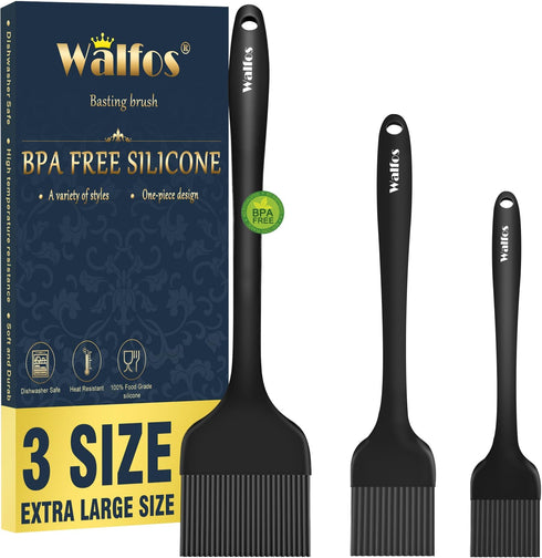 Walfos 3 Size Basting Brush, High Heat Resistant Silicone Pastry Brushes for Barbecue, Baking, Kitchen Cooking, Desserts- Strong Stainless Steel C...