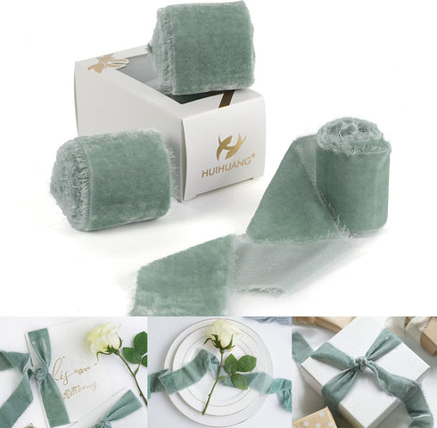 HUIHUANG 3 Rolls Frayed Silk Velvet Ribbon French Blue Fringe Ribbon Raw Edge Rustic Wedding Ribbon for Bridal Bouquet Gift Wrapping Invitation Ti...