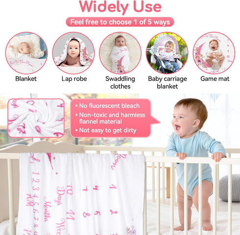 Baby Monthly Milestone Blanket, Precise Hour Moments with Knitted Hat,51”L x40”W,Recording 1 to 12 Months Moments,Thicker Extra Soft Flannel,Best ...