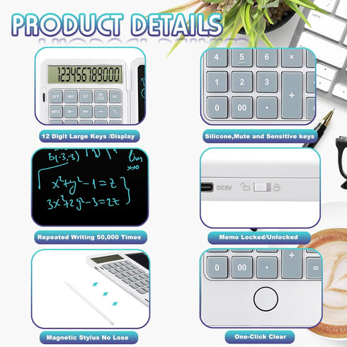 Hion Calculators,12-Digit Large Display Rechargeable Pocket Office Desktop Calculator with Erasable Wiriting Tablet,Mute Basic Desk Calculators wi...