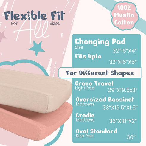 100% Muslin Changing Pad Cover Pack of 2-32x16 Ultra Soft 120GSM Baby Changing Pad Covers for Girls and Boys - Easy wash Diaper Changing pad Cover...