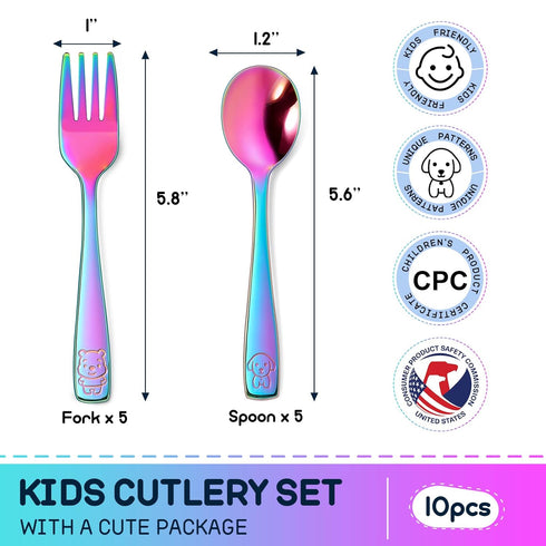 VITEVER 10 Pack Toddler Utensils, Stainless Steel Rainbow Silverware Set for Kids, Children Safe Cutlery Set Includes Forks and Spoons - Dishwashe...