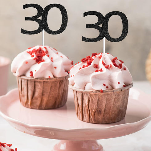 Sumerk 24PCS 30 Cupcake toppers Black Glitter 30th Birthday Cupcake Picks Anniversary Party Decorations...