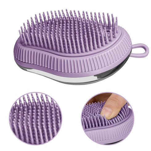 Pet Grooming Bath Massage Brush with Soap and Shampoo Dispenser Soft Silicone Bristle for Long Short Haired Dogs Cats (PURPLE)...