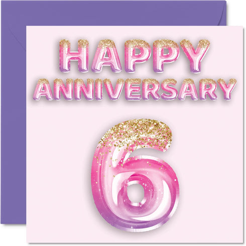 Pretty Iron Anniversary Card for Wife Girlfriend Husband Boyfriend - Pink Purple Glitter Balloons - Happy 6th Anniversary Cards from Family, 5.7 x...