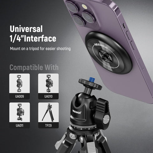 NEEWER Magnetic Phone Tripod Mount Adapter with 1/4" Holes Compatible with iPhone MagSafe Selfie Stick for 15 Pro Max 15 Plus 14 13 12 Pro Max Min...