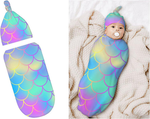 Mermaid Tail Colorful Newborn Swaddle Blankets Hat Sets Soft Stretchy Witchy Baby Stuff Receiving Blanket Gifts for Infant Baby Boy Girl...