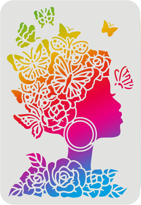 FINGERINSPIRE Woman Stencils 11.7x8.3 inch Plastic Woman Face Silhouette Stencil Flower Girl Rose Butterfly Stencils Reusable Girl Face Stencils f...