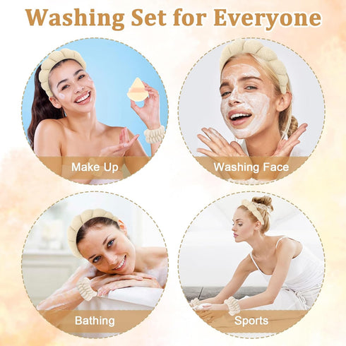 7Pc Puffy Spa Headband and Wristband Set Skincare Headband for Washing Face Scrunchies Powder Puffs Sponge Spa Makeup Headband Puffy Headband Terr...