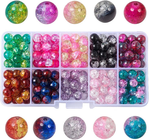 KISSITTY 8mm Crackle Glass Crystal Beads 10 Colors Two Tone Transparent Crackle Glass Loose Round Beads for DIY Jewelry Pen Sun Catchers Making Ab...