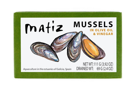 Matiz España Mussels in Extra Virgin Olive Oil & Apple Cider Vinegar | 3.92 oz. - 1 Pack | Handcrafted in Galicia, Spain | Sustainably Cultivated ...