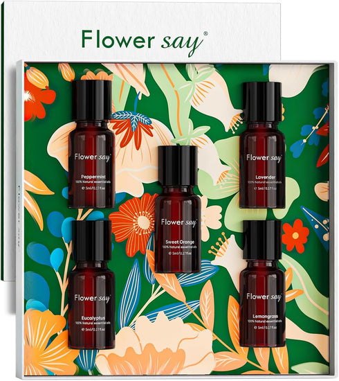 Flower Say Essentials Oil Set (Top 5) - 100% Pure Natural Essentials Oil Gift Set for Diffuser/Humidifier/Skin Care - Lavender/Peppermint/Eucalypt...