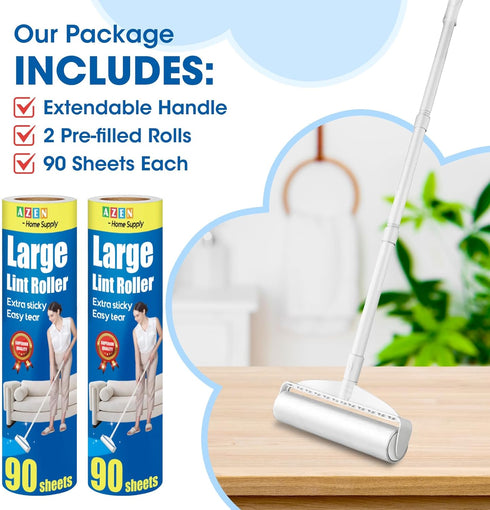 AZEN Large Lint Rollers for Pet Hair Extra Sticky, 9.45 in Sticky Rollers for Floor Carpet, 180 Sheets Giant Lint Roller Refills with 3 Extendable...