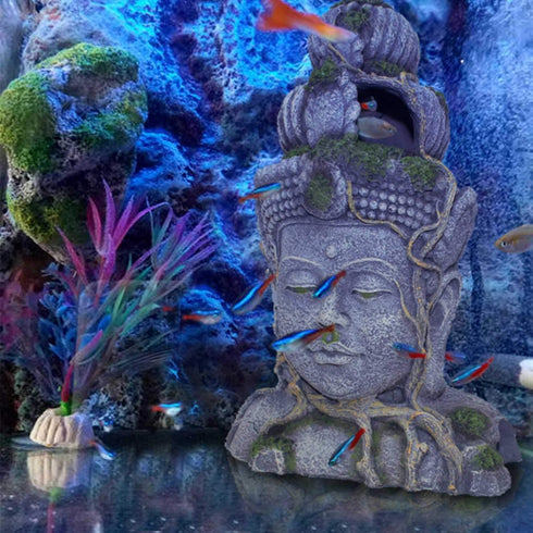 PINVNBY Aquarium Buddha Head Statue Decorations,Fish Tank Resin Large Buddha Sculpture Ornament,Betta Hideout Cave Sleep Rest Play for Small Fish ...