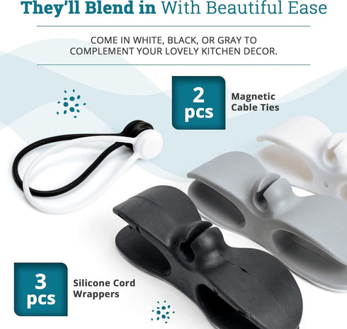 Cord Organizer for Kitchen Appliances - 3 Cord Winders and 2 Bonus Silicone Magnetic Cable Ties - Cord Wrappers for Kitchen Appliances with 3M Adh...