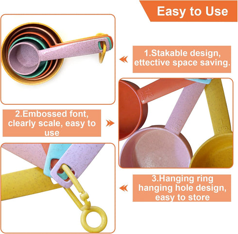 Plastic Measuring Cups and Spoons Set - 10 Pcs Colorful Kitchen Measuring Tool, Engraved Metric/US Markings Stackable Silicone Measure Cup for Liq...