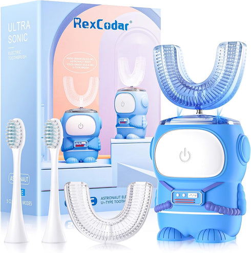 RexCodar Ultrasonic Kid's U-Shaped Electric Toothbrush, IPX7 Waterproof, Five Cleaning Modes, 60S Smart Reminder (Blue Ages 6-12)...