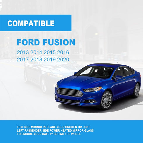 Left Driver side View Heated Mirror Glass Replacement for 2013 2014 2015 2016 2017 2018 2019 2020 Ford Fusion Mirror Glass With Rear Holder Replac...