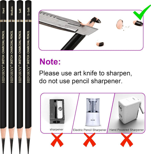 12 Pieces Charcoal Pencils Drawing Set - Super Soft,Soft,Medium and Hard Charcoal Pencils for Drawing,Sketching,Shading,Blending,Portrait...