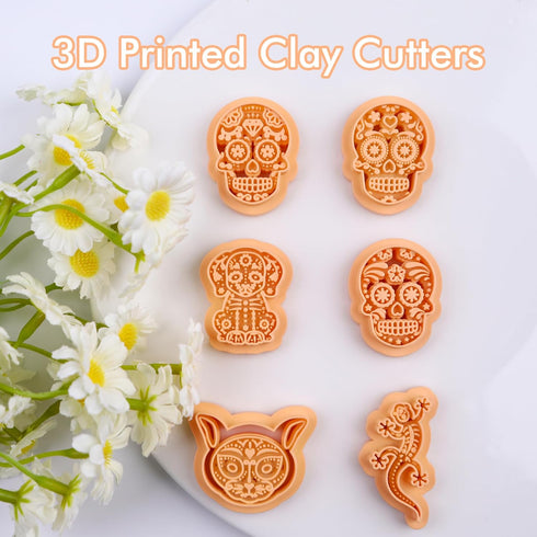 Puocaon Skull Polymer Clay Cutters - 6 Pcs Clay Cutters for Polymer Clay Jewelry, Cat Dog Skull Embossed Clay Jewelry Cutters, Day of The Dead Del...