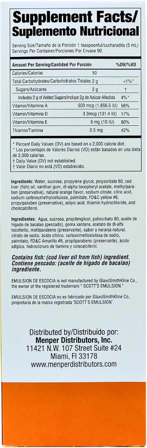 EMULSION DE ESCOCIA Cod Liver Oil, Dietary Supplement, Vitamins A, B1, D and E, Immune System Support, Orange Flavor (15.3 Fl Oz/Pack of 1)...