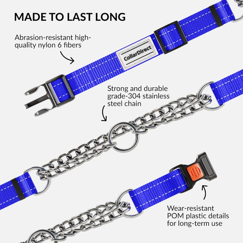 CollarDirect Martingale Dog Collar with Stainless Steel Chain and Quick Release Buckle - Reflective Collar for Large, Medium, Small Dogs - Blue, S...