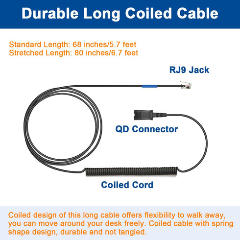 U10 Headset Adapter RJ9 to QD Cable for Plantronics Quick Disconnect Headsets Coil Cord Compatible with Cisco IP Phones 6945 7940 7942 7945 7960 7...