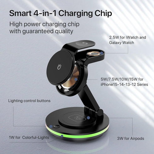 Wireless Charger, 4 in 1 15W Fast Charging Station Magnetic Adsorption,Colorful Light, Qi Foldable Rotatable charger Stand for iPhone 15/14/13/12 ...
