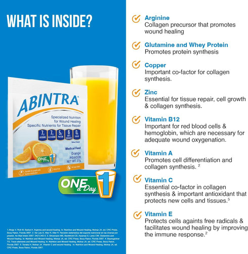 ABINTRA Specialized Wound Healing Nutritional Supplement includes L-Arginine, L-Glutamine, Whey Protein, Vitamins and Minerals, Orange Flavor, 6 P...
