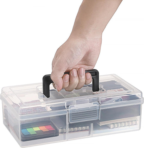 BTSKY Clear Plastic Storage Box with Removable Tray Multipurpose Stationery Storage Box with Handle Handy Sewing Box Art Craft Supply Organizer Ho...