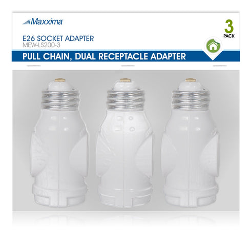 Maxxima Dual Outlet Light Socket Adapter - Featuring Pull Chain, Expands E26 Standard Bulb Socket into 2 Electrical Outlets, Ideal for Workshops, ...
