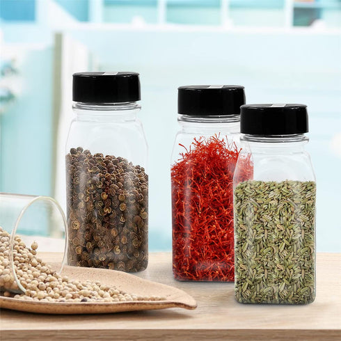 RoyalHouse - 6 Pack 14 Oz Plastic Spice Jars with Black Cap, Clear and Safe Plastic Bottle Containers with Shaker Lids for Storing Spice, Herbs an...