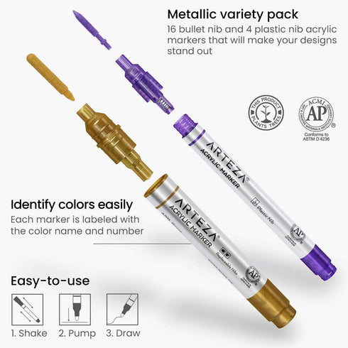 ARTEZA Metallic Acrylic Paint Markers – Set of 20 Paint Pens with Bullet & Wide Nibs for Glass, Rock, Ceramic, Plastic, Canvas, Wood & Fabric Proj...