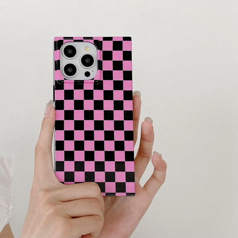 Rectangle Pink Checkered Phone Case for iPhone 15 Pro (6.1in) Cute Checkerboard Checker Flag Print Glossy Slim Trendy Rectangled Edge Strong Shock...