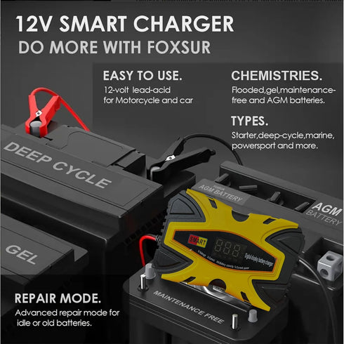 12V 6A Smart Car Battery Charger with Temperature Compensation-Automotive Battery Maintainer Desulfator for Cars, Trucks, Motorcycles, Lawn Mowers...