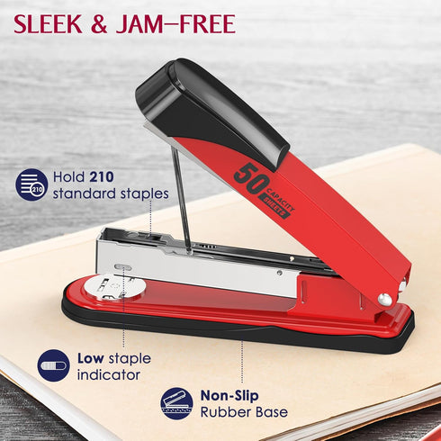 Metal Stapler Heavy Duty 50 Sheet Capacity with 1750 Staples and Staple Remover, Red Stapler Full Strip Staplers for Desk, No Jam, Non-slip Office...