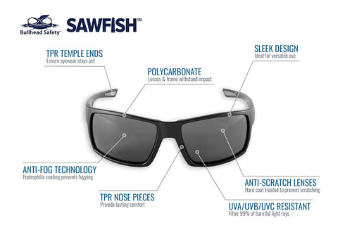 Bullhead Safety Eyewear BH2663AF Sawfish, Matte Black Frame/Temple, Smoke Anti-Fog Lens, Gray Tpr Nose Piece And Temple Ends...