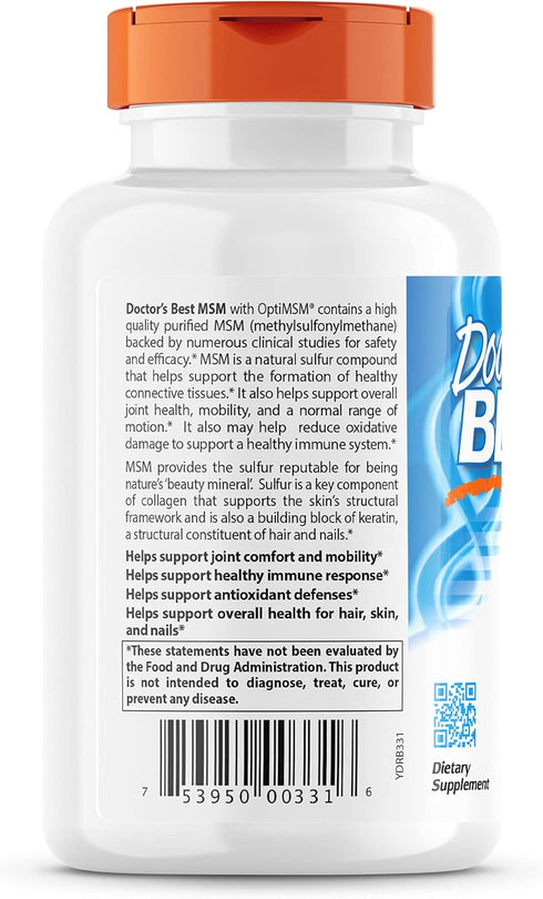 Doctor's Best MSM with OptiMSM, Joint Support, Immune System, Antioxidant and Protein-Building Role, Non-GMO, Gluten Free, 1000 mg, 180 Veggie Cap...