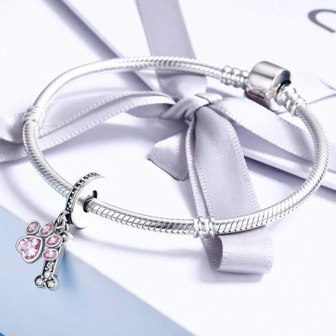 Dog Paw Charm Fit for Pandora Charms Bracelet Pink Crystals Dangle Charms Birthday Jewelry Gifts for women...