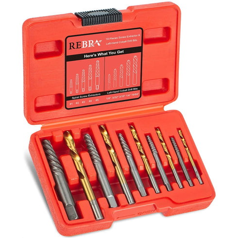 10-Pieces Screw Extractor Set, 37# Cr-Mo & 6542 HSS Steel Cobalt Left-Hand Drill Bit, Easy Out Broken Bolt Remover Reverse, Ez Out Stripped, Round...