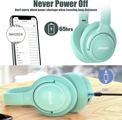 Bluetooth Wireless Headphones Over Ear,BERIBES 65H Playtime and 6 EQ Music Modes with Microphone,HiFi Stereo Foldable Lightweight Headset, Deep Ba...