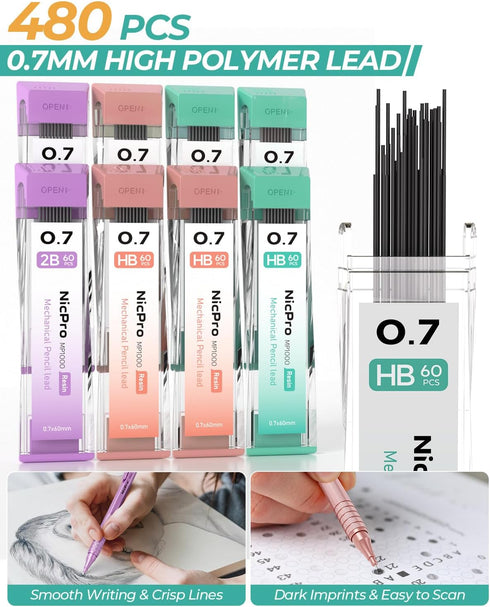 Nicpro 0.7 mm Mechanical Pencils Set with Case, 3PCS Metal Drafting Pencil, Pastel Mechanical Pencils 0.7 With 480 PCS HB Pencil Leads, 3 Erasers,...