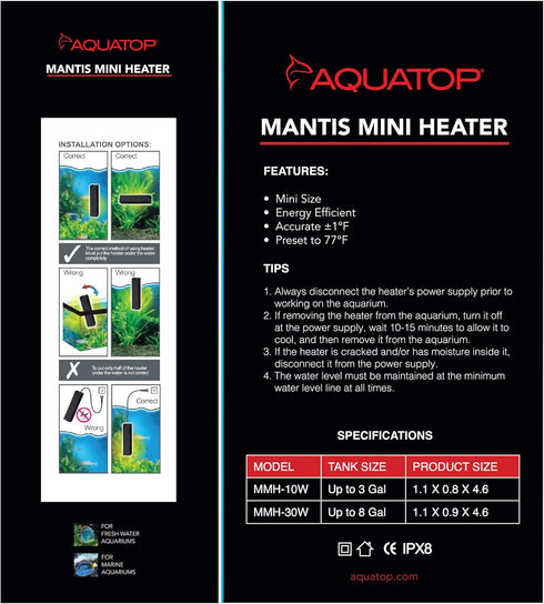 Aquatop 10W Mantis Mini Aquarium Heater - Fully Submersible for Nano Fish Tanks Up to 3 Gallons, Preset 77F Electric Thermostat, Heat-Resistant Wa...