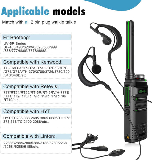 10 Pack Walkie Talkie Earpiece with Mic Ear Piece with Microphone Two Way Radio 2 Pin Ear Hook Single Wire Headset Compatible with Baofeng UV-5R B...